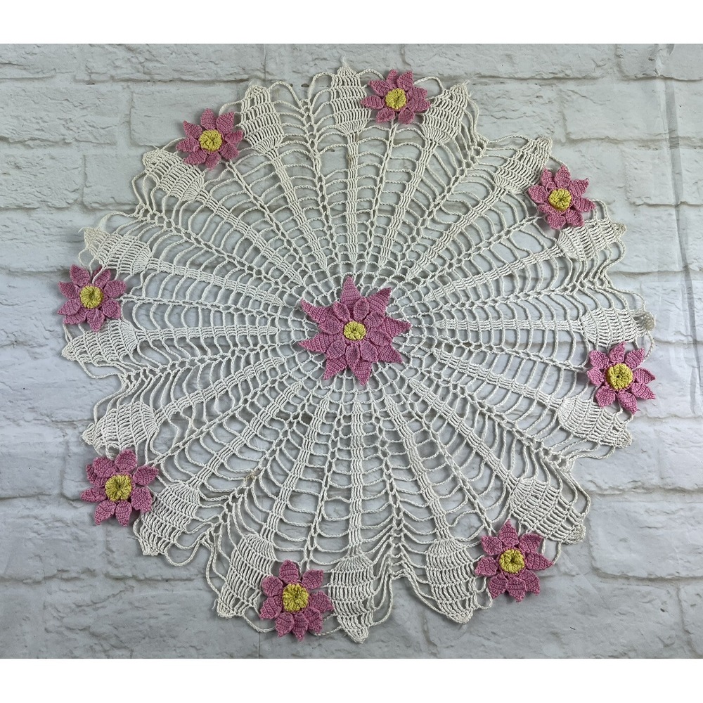 Lace Crochet 20" Pink Floral w/ Yellow Center Doily VTG Round Handmade